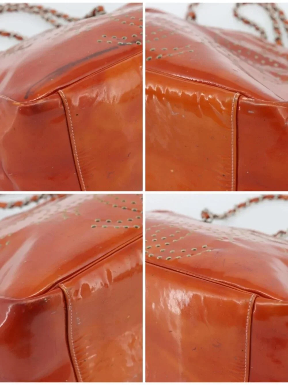 CHANEL Triple Coco Chain Tote Bag Patent leather Orange Silver CC Auth bs18659